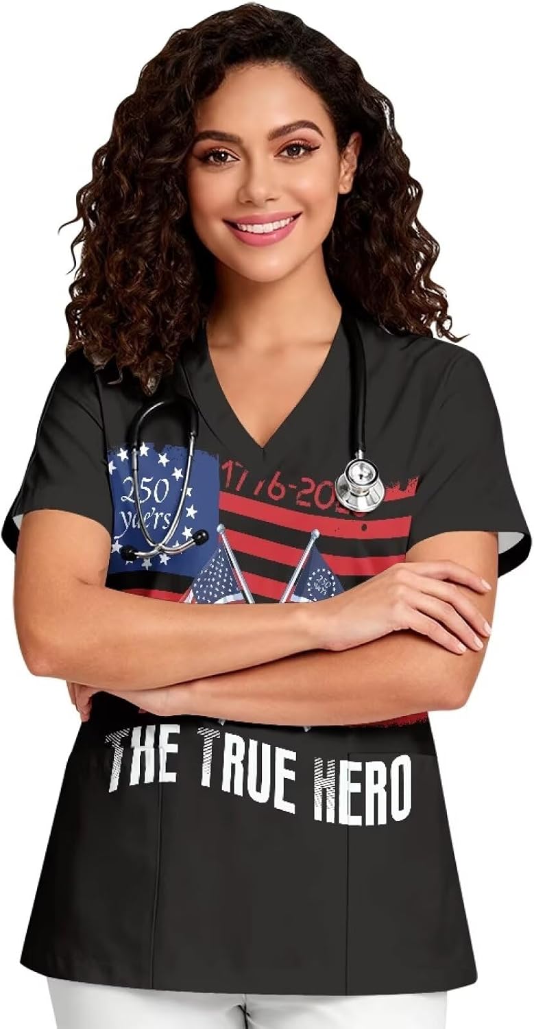 V-Neck Scrub Tops for Women, Soft Stretch Fabric & Short Sleeve Nurse Shirts with 2 Pockets - Black - 250th Anniversary Usa