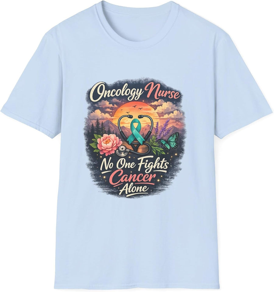 Oncology Nurse Shirt No One Fights Cancer Alone Tee, Cancer Care RN Gift, Chemo Nurse Appreciation Top - Light Blue
