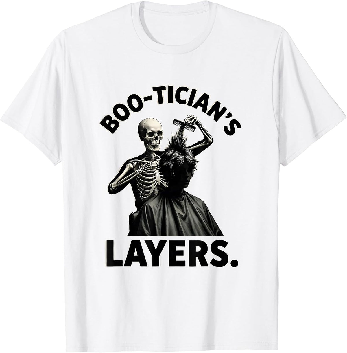 Men's Boo-tician's Layers Minimal Skeleton Hairstylist Halloween T-Shirt - White