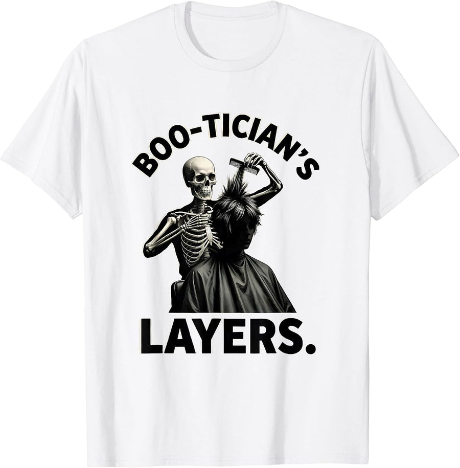 Men's Boo-tician's Layers Minimal Skeleton Hairstylist Halloween T-Shirt - White