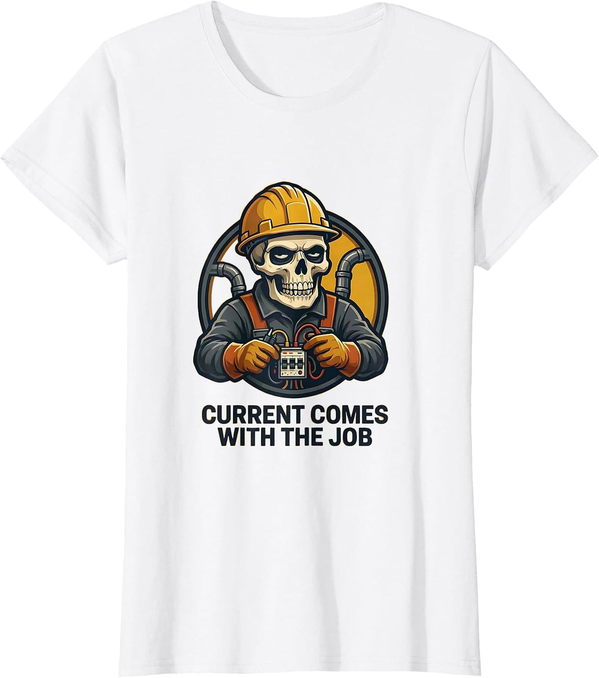 Current Comes With The Job Funny Electrician Skeleton Mascot T-Shirt - White