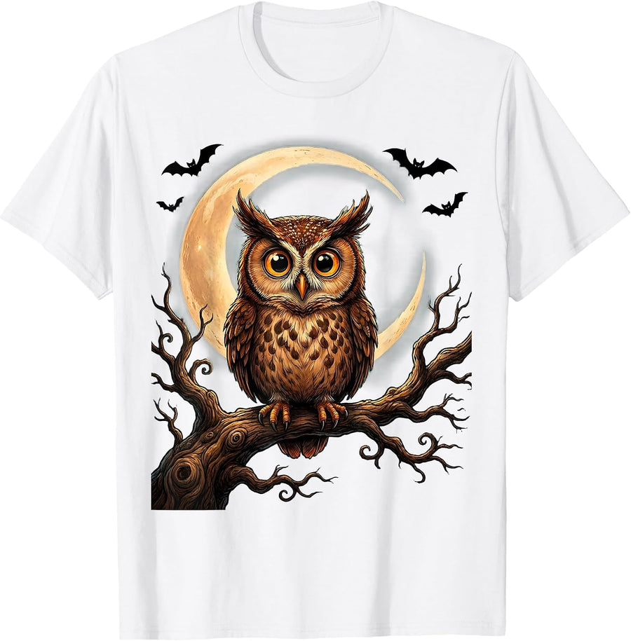 Men's Kids Halloween Owl on Spooky Tree Branch T-Shirt - White