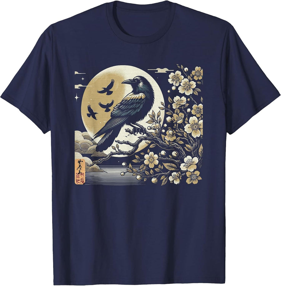 Graphic Japan Woodblock Art Crow Raven Vintage T-Shirt - Navy Blue