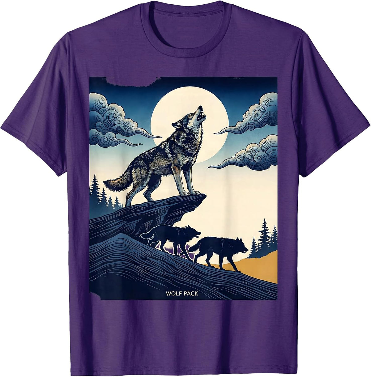 Wolf Pack Ukiyo-e Howling Wolf Lover Wildlife Art T-Shirt - Purple