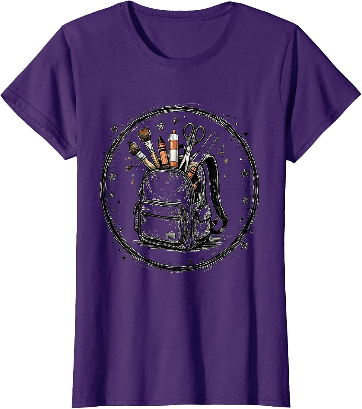 Women's Preschool Teacher Art Supply Backpack Graphic T-Shirt - Purple