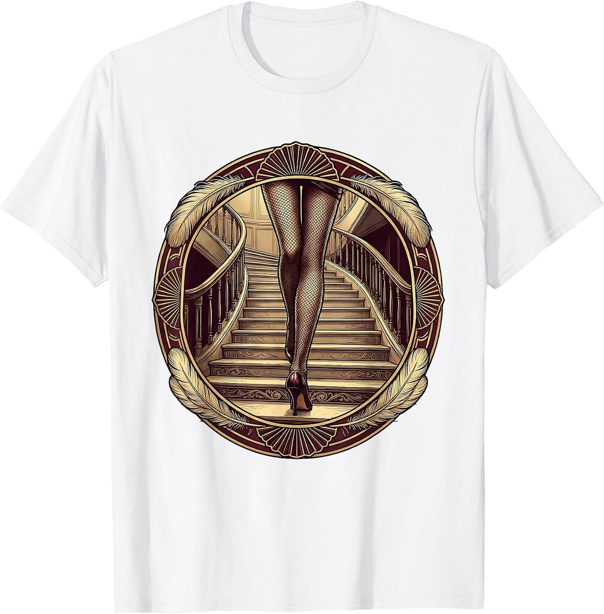 Men's Showgirl Grand Staircase Fishnet Legs Illustration T-Shirt - White