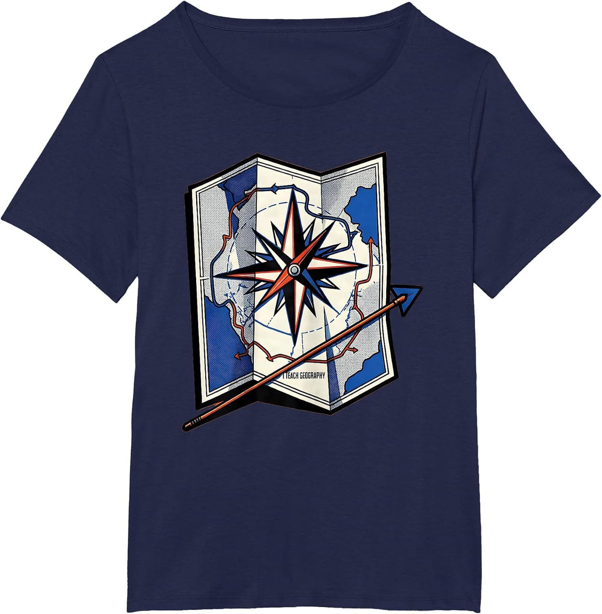 Women's I Teach Geography Pop Art Teacher Back To School Classroom T-Shirt - Navy Blue