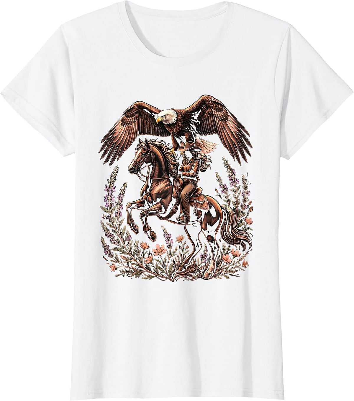 Eagle and Cowgirl on Horseback Western Graphic T-Shirt - White