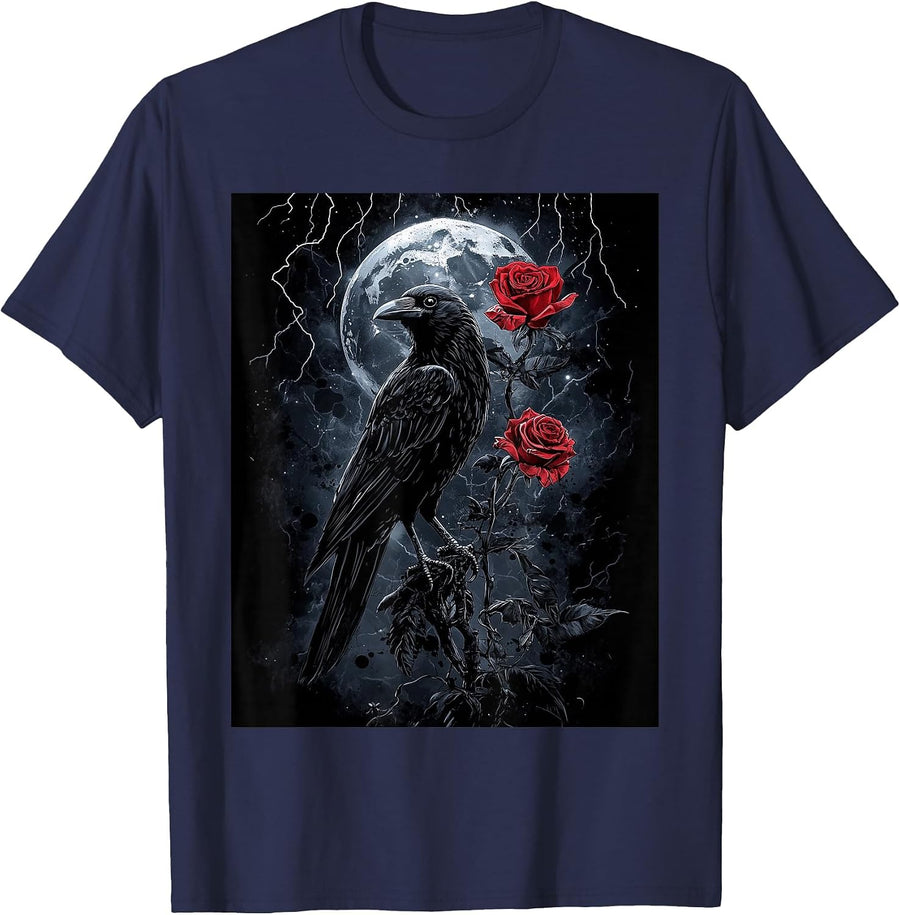 Raven Rose Moon Scary Black Gothic Spooky Women Black Crow T-Shirt - Navy Blue