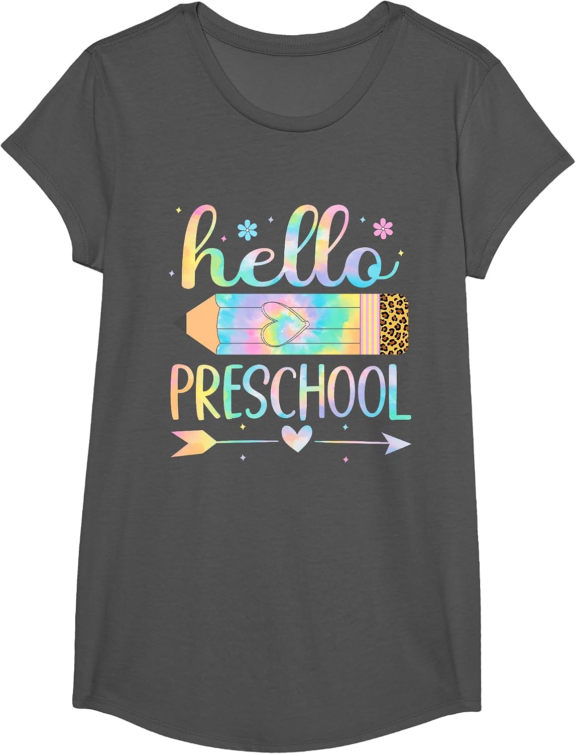 Hello Preschool Pencil Tie Dye First Day of School Kids T-Shirt - Girls Asphalt Grey
