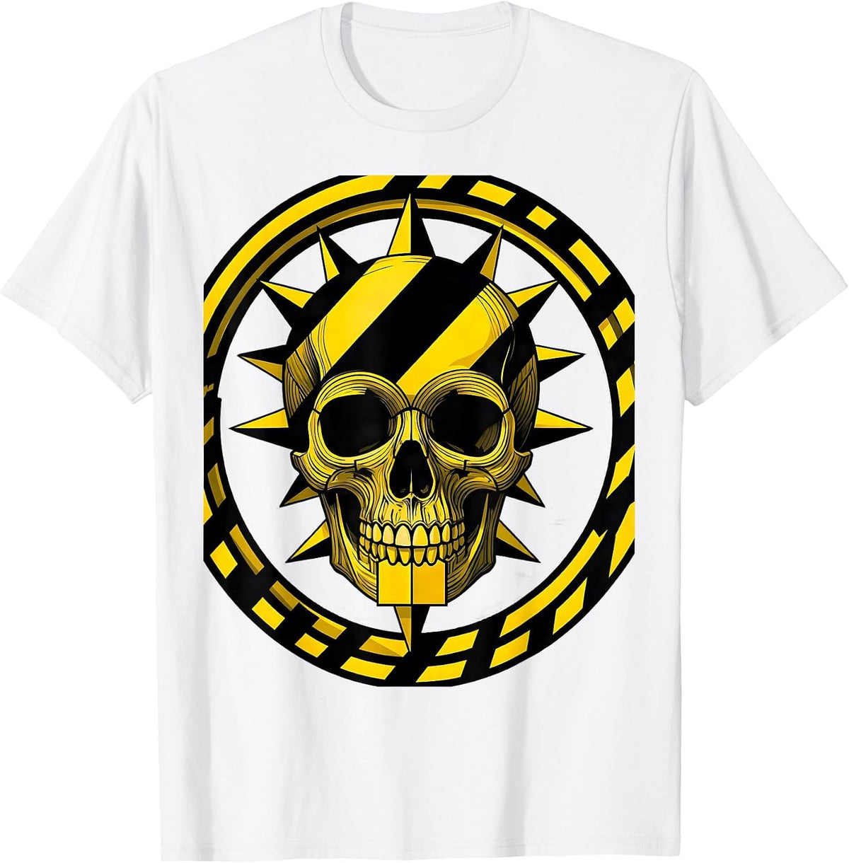 Men's Caution Tape Thorny Skull Black and Yellow Design T-Shirt - White