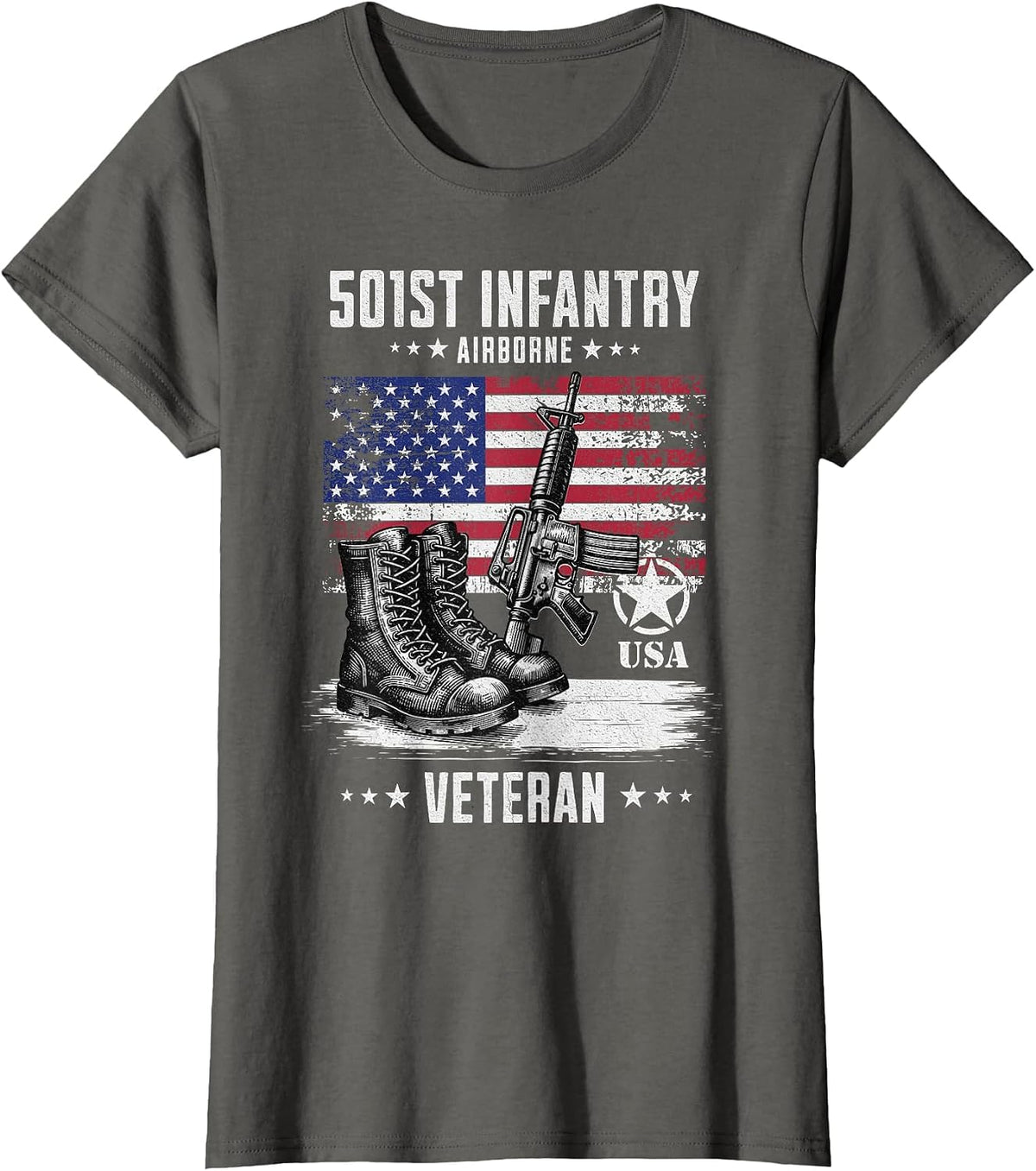 501st Infantry 82nd Airborne Military Veteran Distressed T-Shirt - Asphalt Grey