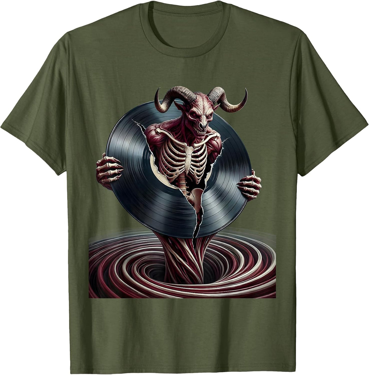Demon Rising From Vinyl Record Metal Art T-Shirt - Olive Green
