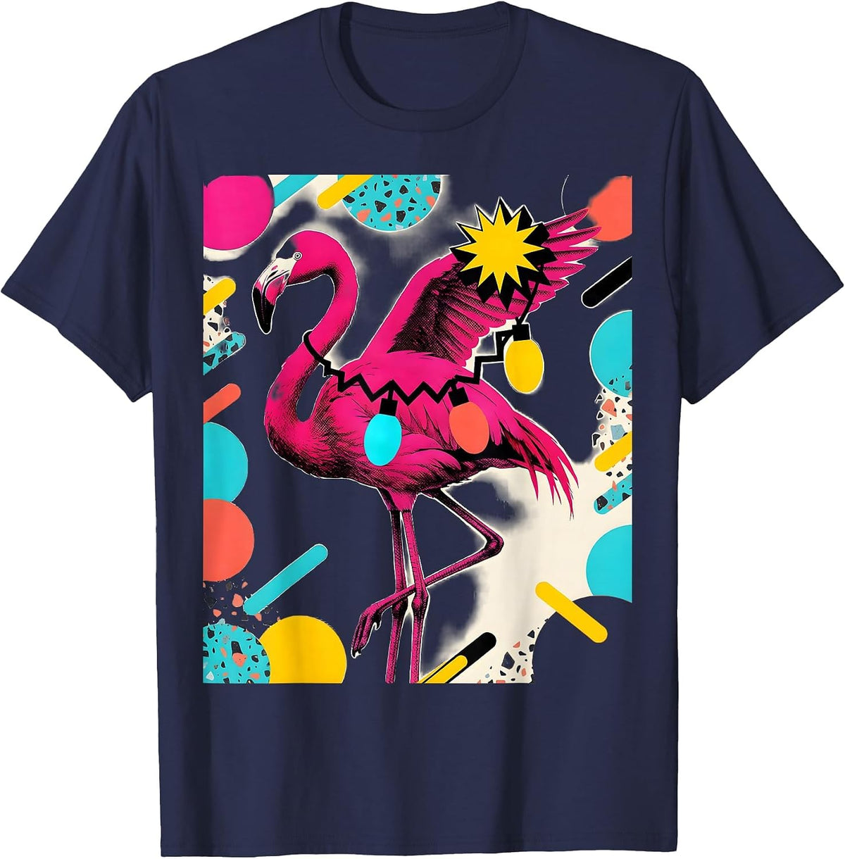Men's Pink Flamingo Memphis Postmodern Christmas Holiday Novelty T-Shirt - Navy Blue