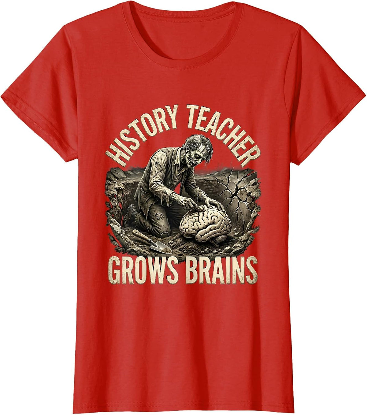 Women's History Teacher Grows Brains Funny Zombie Teacher Halloween T-Shirt - Red
