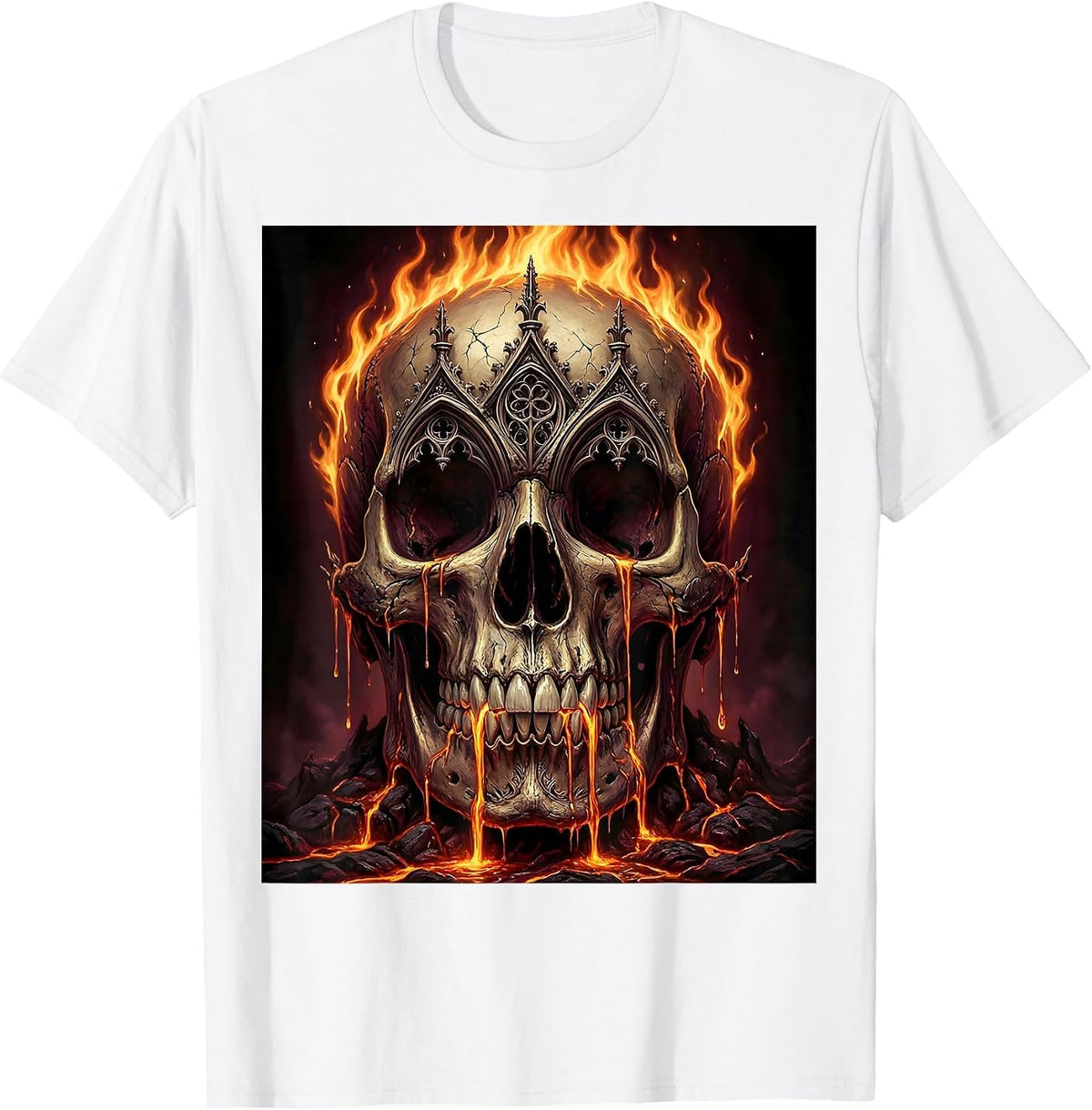 Men's Flaming Skull Molten Lava Graphic Design T-Shirt - White