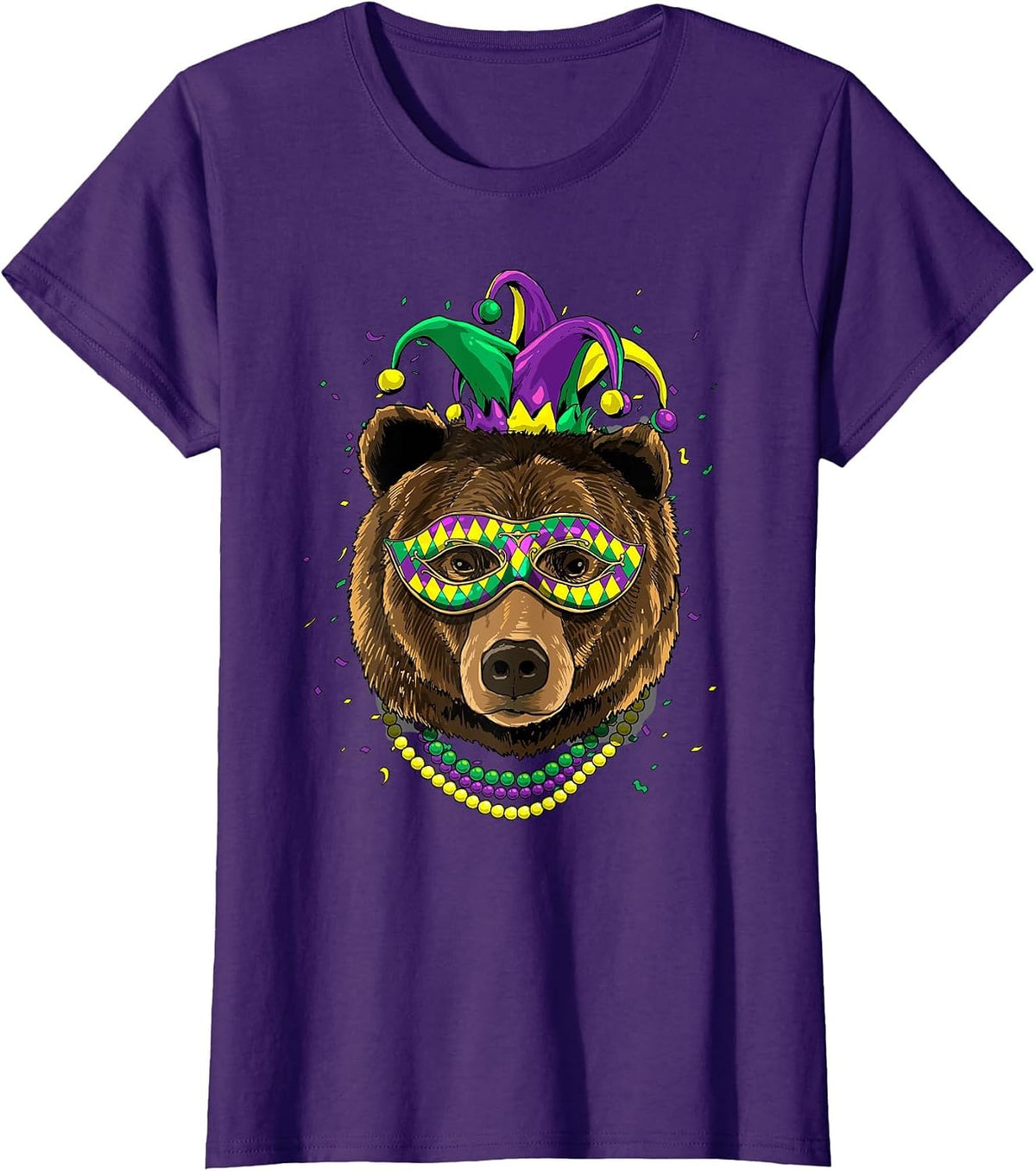 Bear Animal Lover Cute Mardi Gras Carnival Jester T-Shirt, Women, Purple, Medium - As Pictured