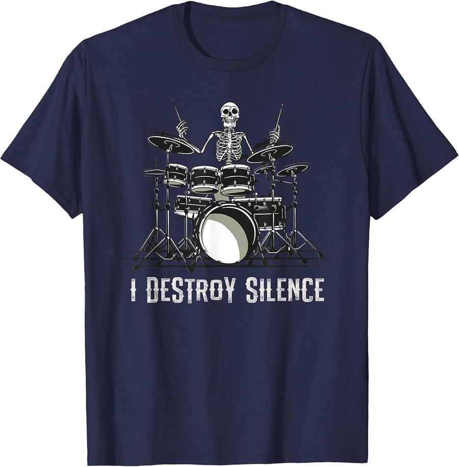 Skeleton Drummer Skull Drum Set Metal Rock Band T-Shirt - Navy Blue