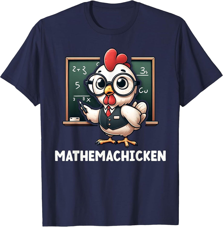 Funny Math Teacher Chicken Mathemachicken Pun T-Shirt - Navy Blue
