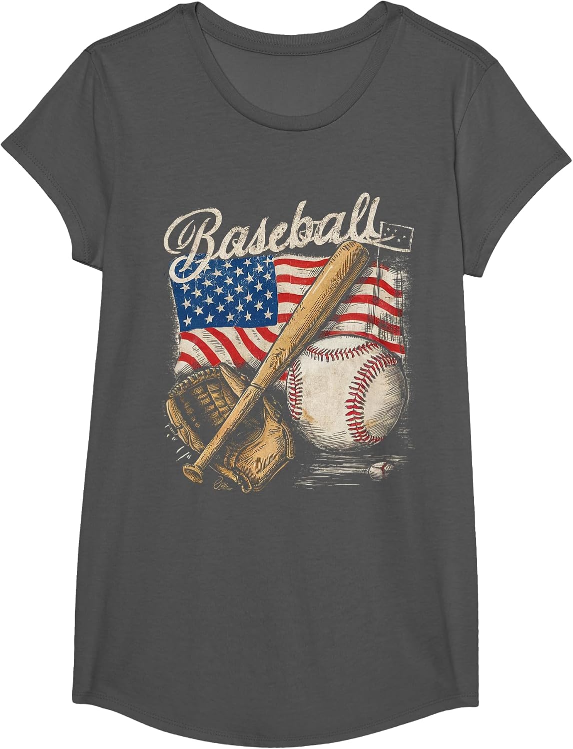 American Flag Baseball Player Bat Fan Catcher Pitcher USA T-Shirt - Girls Asphalt Grey