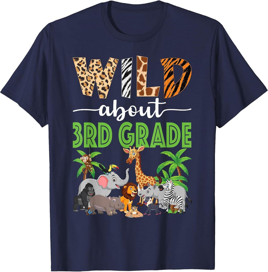 Wild About 3rd Grade Teacher Student Third Grade Zoo Safari T-Shirt - Navy Blue