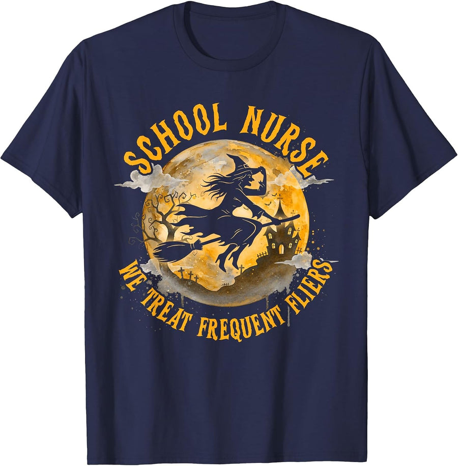 Halloween Vibes Spooky School Nurse We Treat Frequent Fliers T-Shirt - Navy Blue
