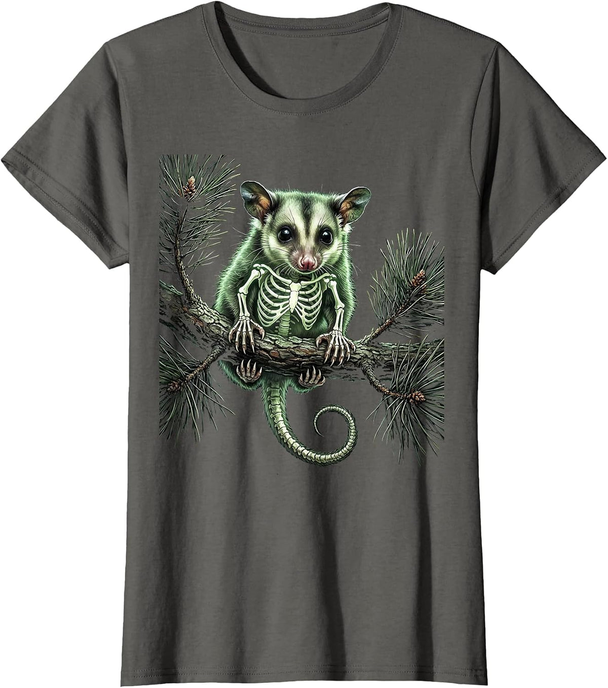 Women's Baby Opossum on Pine Branch Illustration T-Shirt - Asphalt Grey