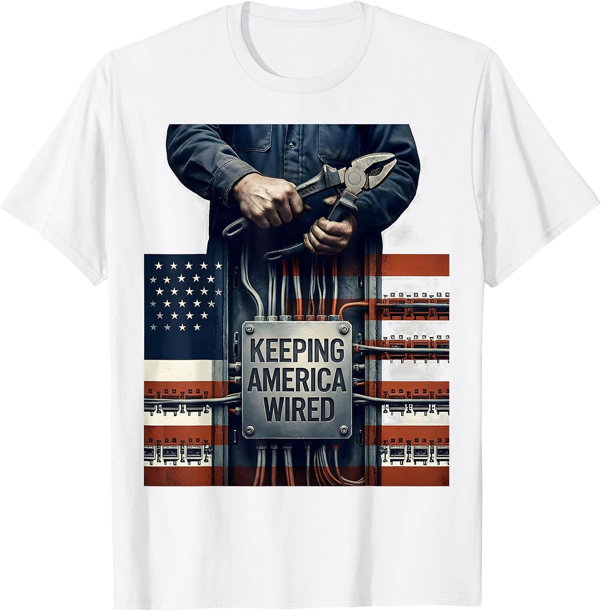 Men's Keeping America Wired Distressed Electrician American Flag T-Shirt - White