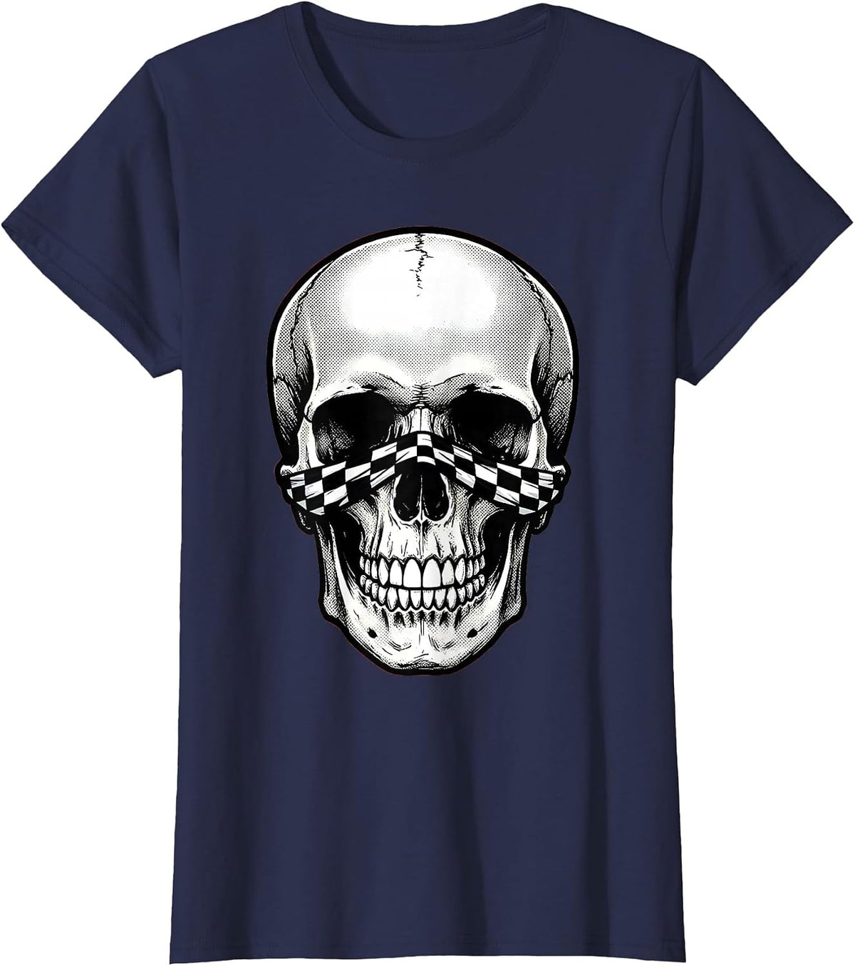Women's Skull Checkered Bandana Graphic Design T-Shirt - Navy Blue