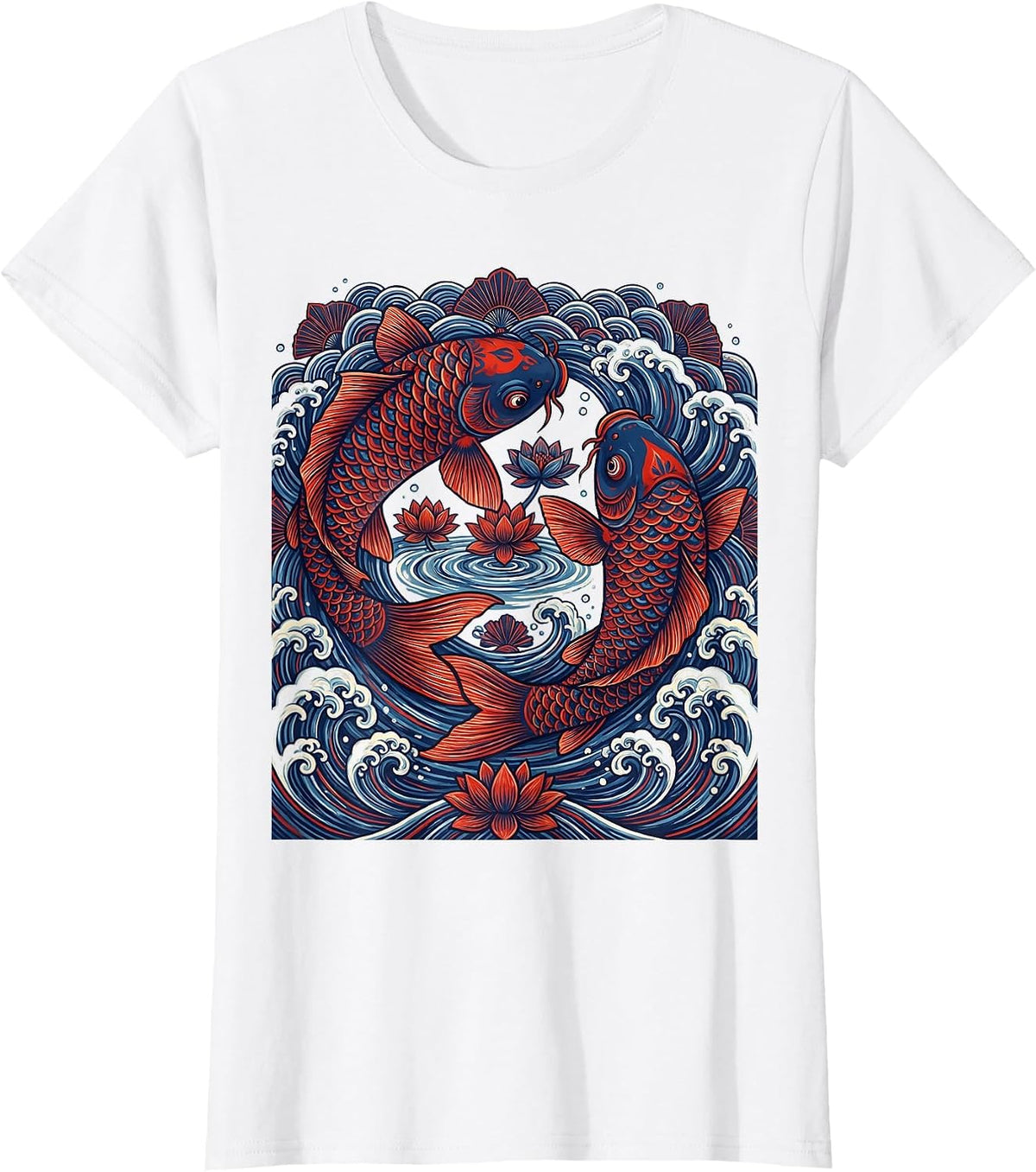 Koi Fish Japanese Wave Tattoo Art Design T-Shirt - White