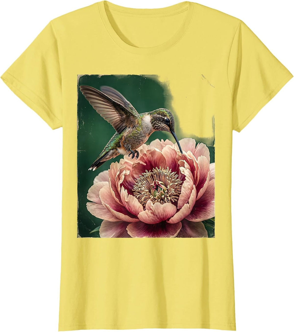 Hummingbird Pink Peony Bloom Floral Art T-Shirt - Lemon Yellow
