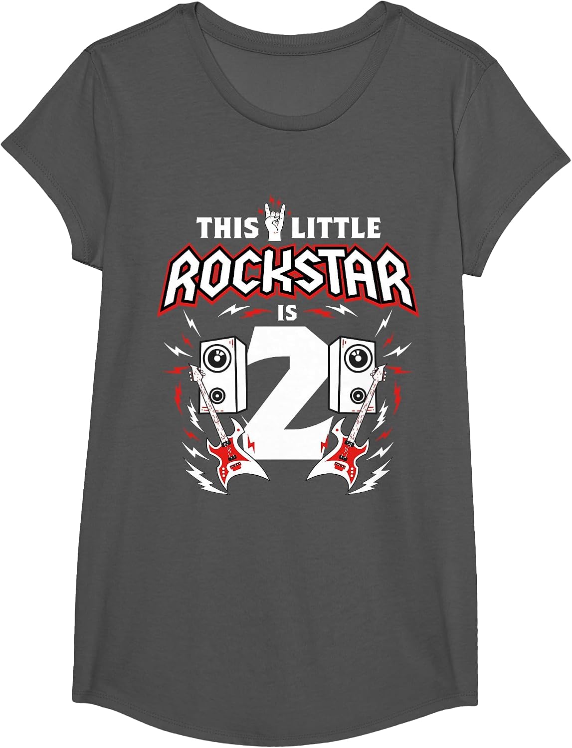 2nd Birthday Rock and Roll Star Guitar 2 Year Old B-Day T-Shirt - Girls Asphalt Grey