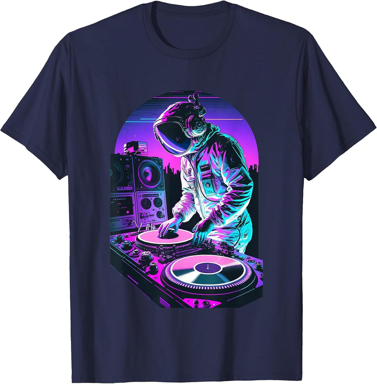 Astronaut DJ, DJing in Space, EDM Cool Graphic Vaporwave T-Shirt - Navy Blue