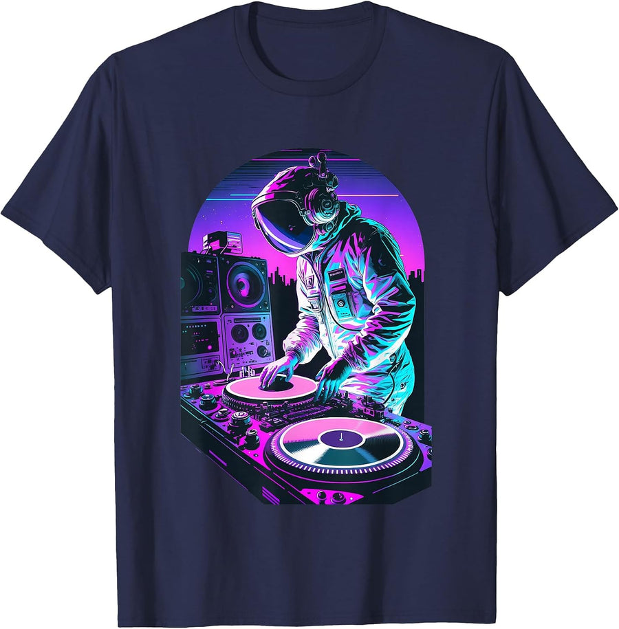 Astronaut DJ, DJing in Space, EDM Cool Graphic Vaporwave T-Shirt - Navy Blue