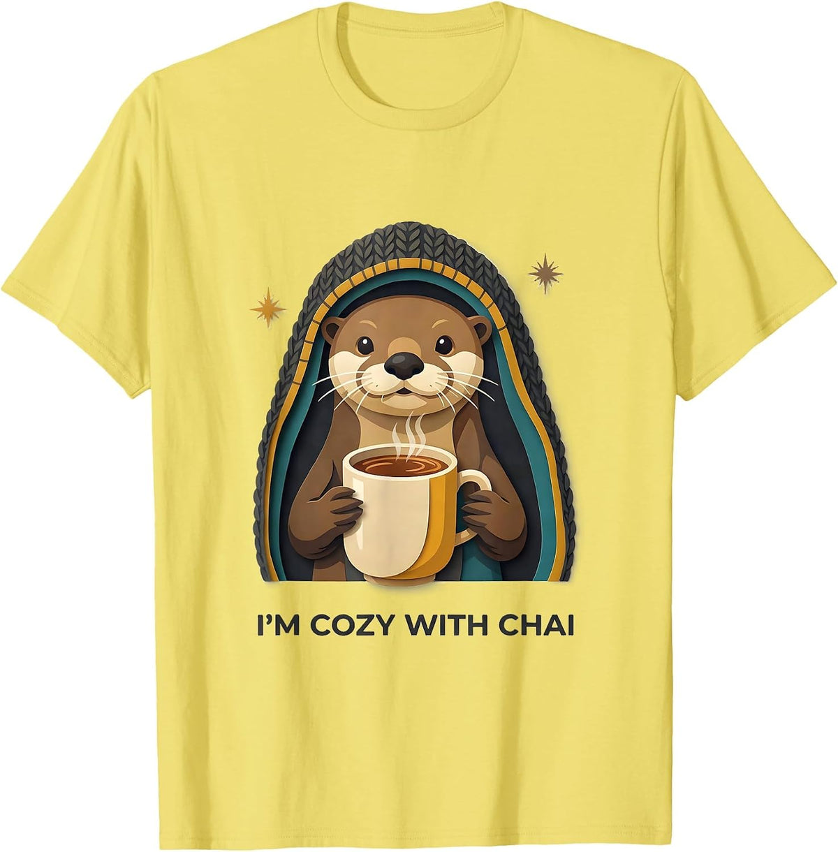 Men's I'm Cozy With Chai Cute Kawaii Chibi Otter Winter Gift T-Shirt - Lemon Yellow