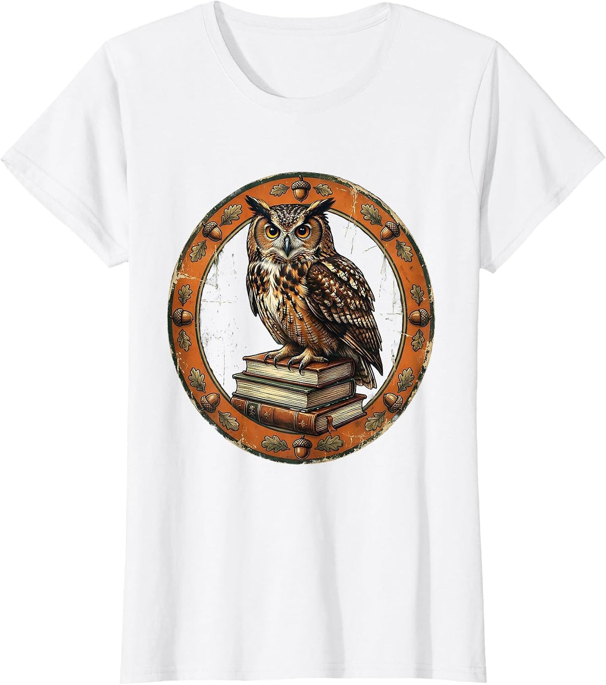 Women's Fall Teacher Owl Perched on Stack of Books T-Shirt - White