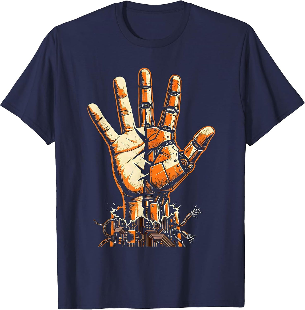 Men's Cyberpunk Half-Machine Hand Reaching Upward T-Shirt - Navy Blue
