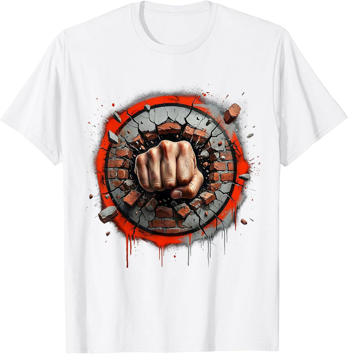 Men's Punk Rock Fist Through Brick Wall Graphic T-Shirt - White