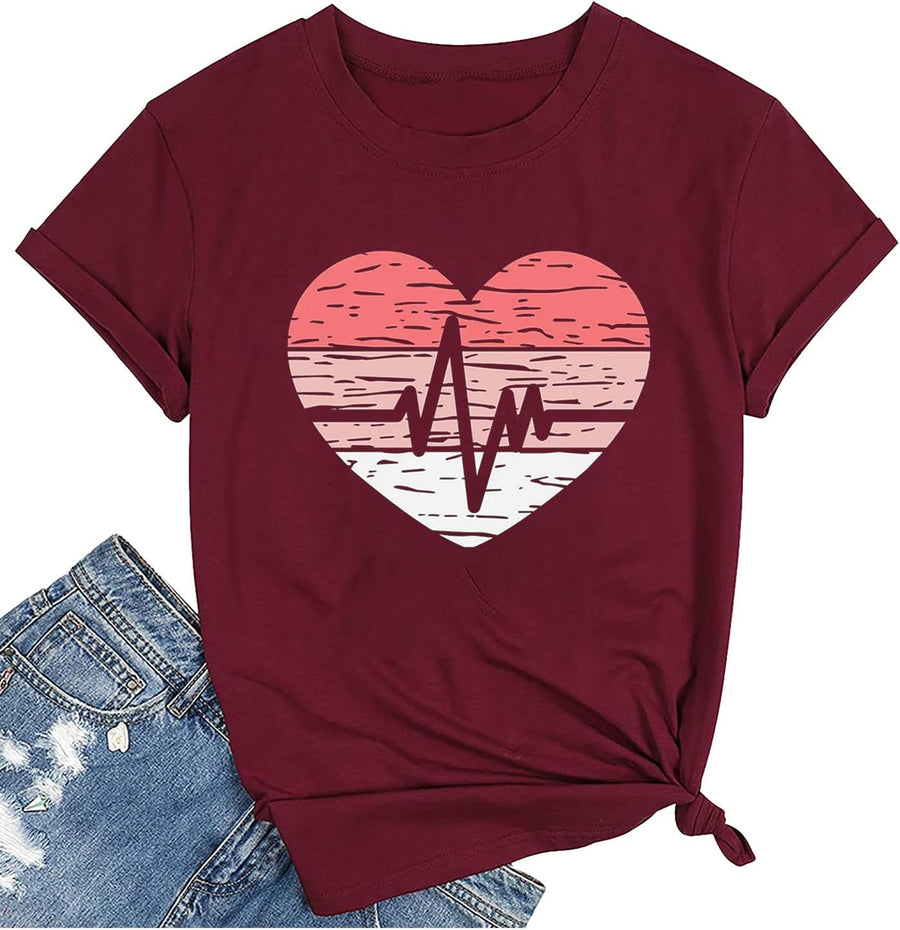 Cardiologist Shirt for Women Heartbeat Pulseline T-Shirt Cute Graphic Tee Casual Short Sleeves Top Cardiology Tee - Red
