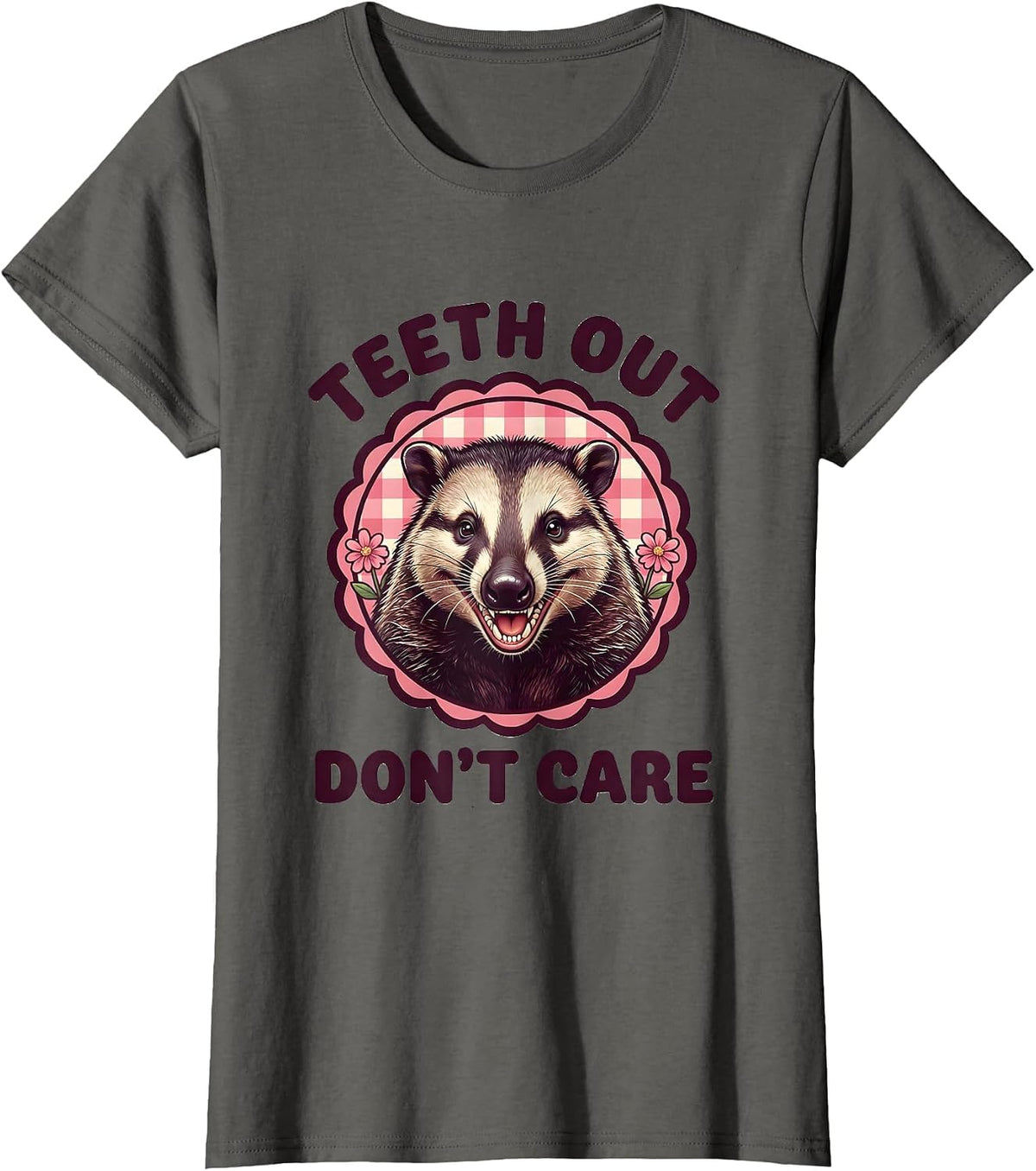 Women's Teeth Out Don't Care Funny Opossum Design T-Shirt - Asphalt Grey