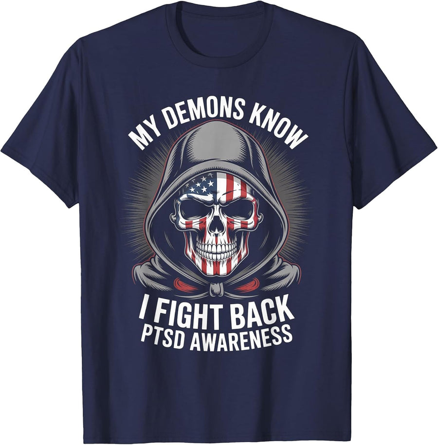 Reaper PTSD My Demons Know I Fight Mental Health Awareness T-Shirt - Navy Blue