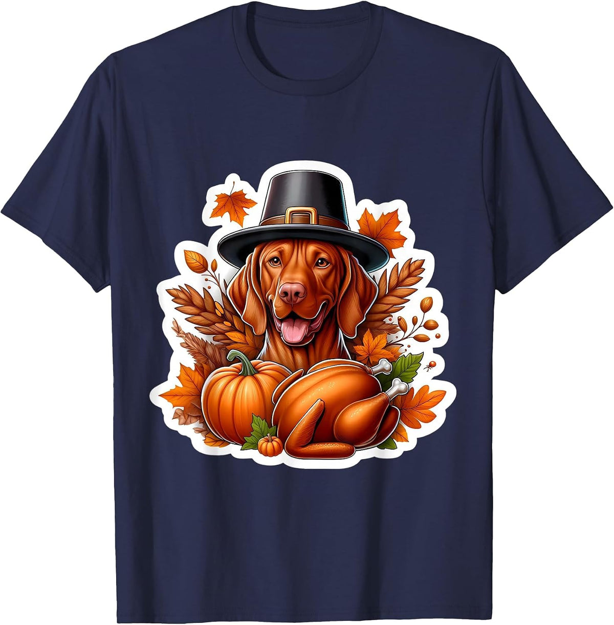 Thanksgiving Vizsla Dog Owner Lover Funny Pilgrim Turkey Mom T-Shirt - Navy Blue