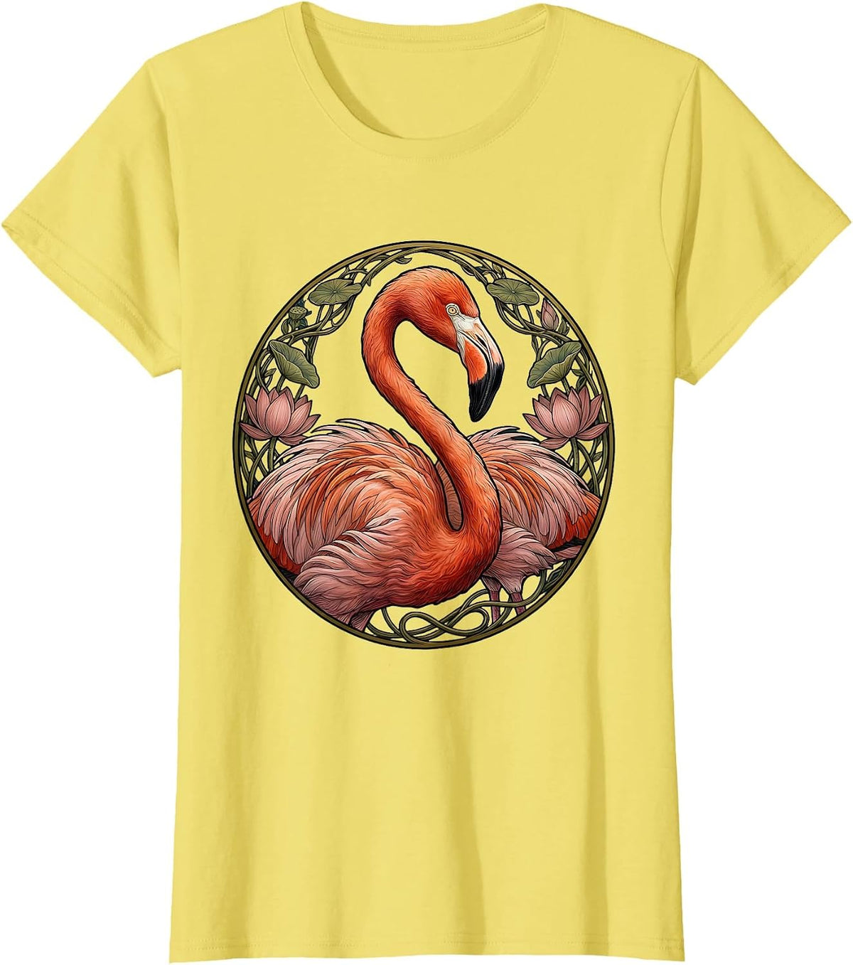 Women's Flamingo Crescent Moon Neck Curl Illustration T-Shirt - Lemon Yellow