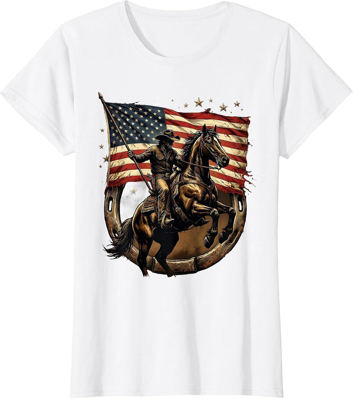 Cowboy on Horseback Carrying American Flag T-Shirt - White