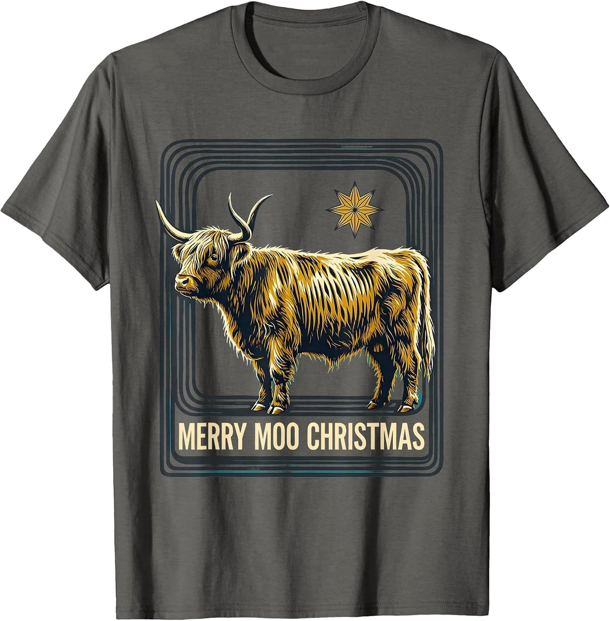 Merry Moo Christmas Midcentury Modern Highland Cow Lover T-Shirt - Asphalt Grey