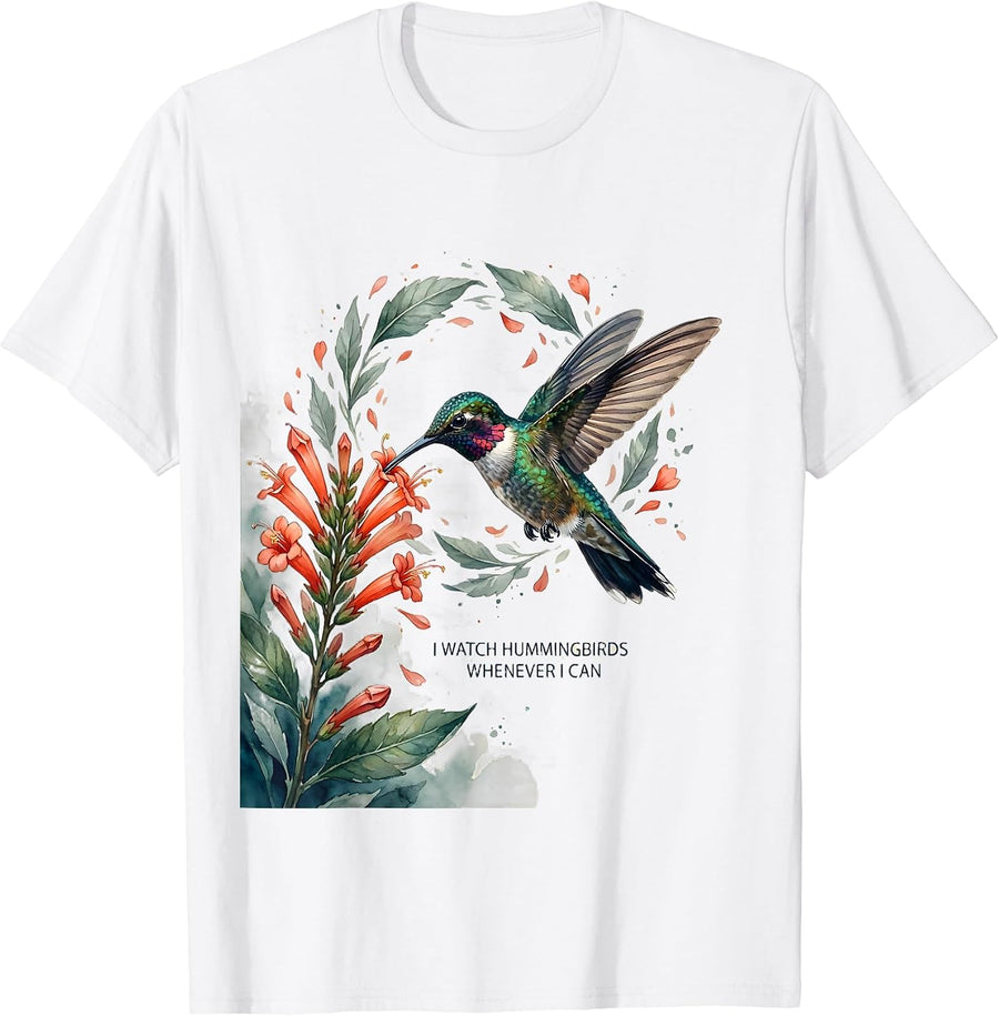 I Watch Hummingbirds Whenever I Can Watercolor Bird Lover T-Shirt - White