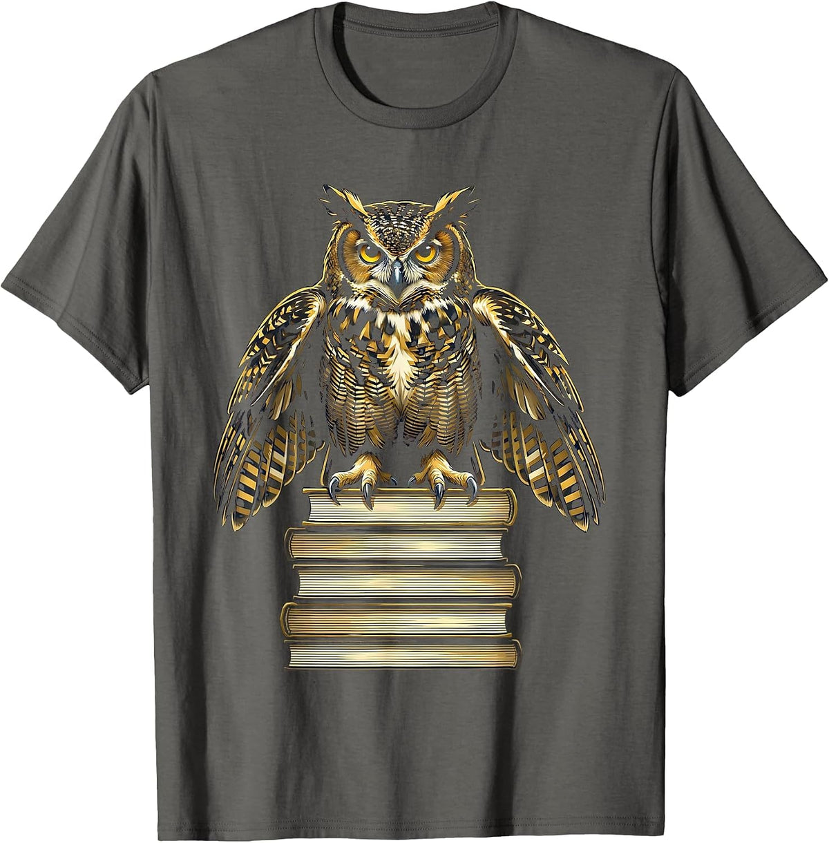 Vintage Librarian Owl Perched on Book Stack T-Shirt - Asphalt Grey