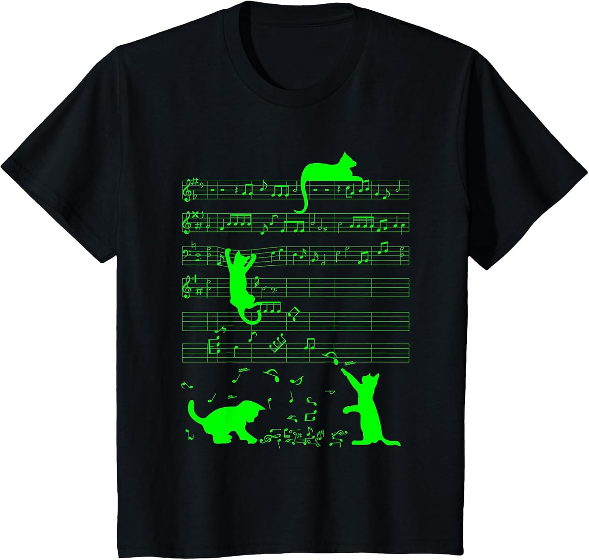 Cute Cats Green Musical Notes Musician Art T-Shirt - Black