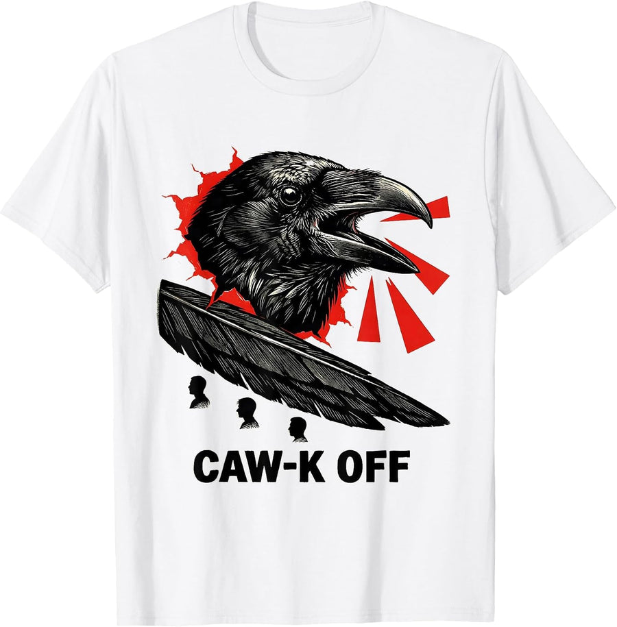 Men's Caw-K Off Linocut Crow Dark Humor Gothic Halloween T-Shirt - White