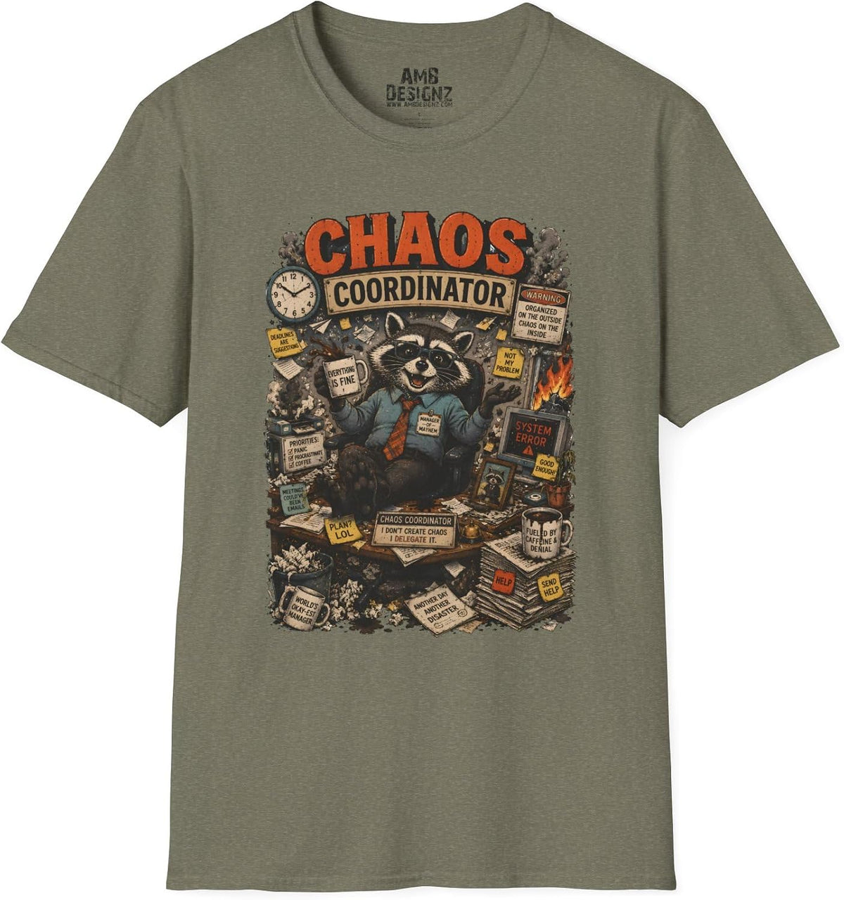 Chaos Coordinator Shirt Funny Raccoon Office Tee, Work Humor Graphic, Coworker Gift Men Women - Heather Military Green